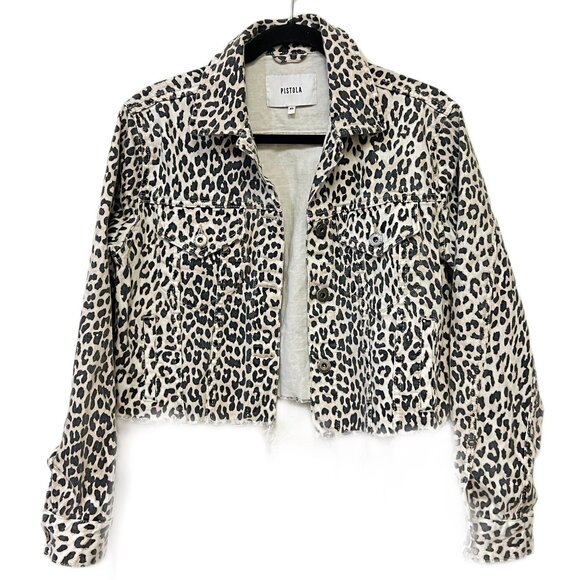 Pistola Naya Animal Print Cropped Jacket Leopard Raw Hem Oversized Classic Denim - Picture 5 of 14